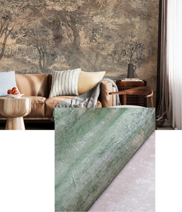 Living room with brown forest vintage look wallpaper